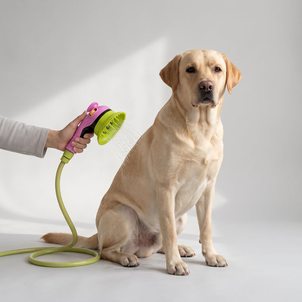 Shower Head For Dogs with a Labrador, studio photo