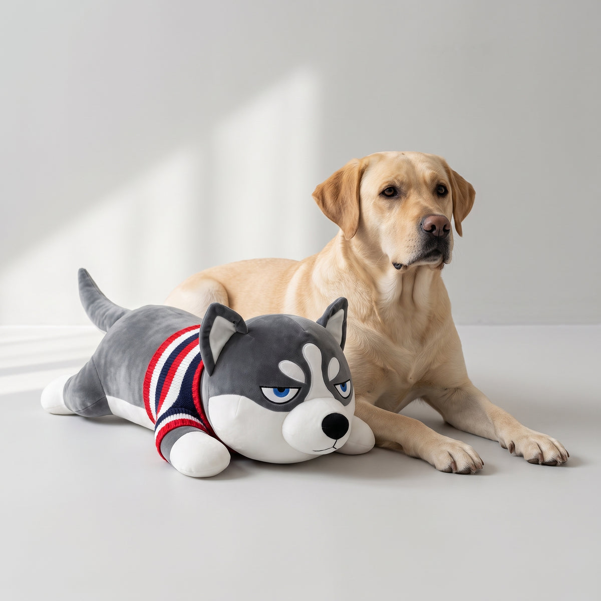 Siberian Husky Plush Toy with a Labrador, studio photo