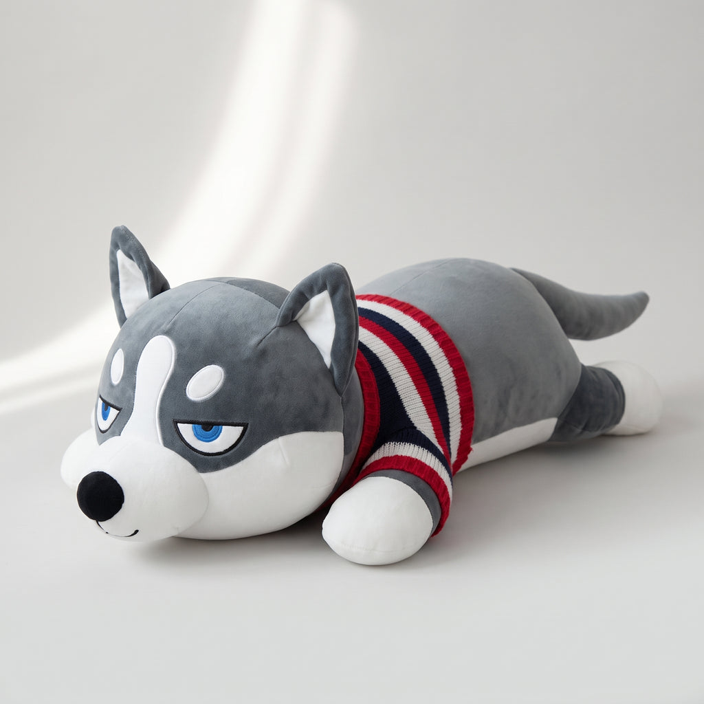 Siberian Husky Plush Toy, studio photo on a light grey background