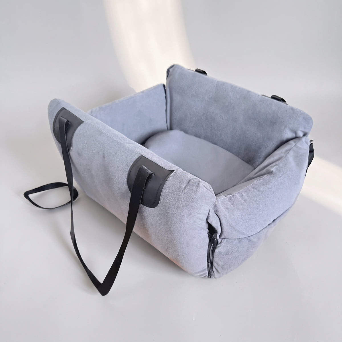Warm Small Dog Car Seat, White or Gray, studio photo on a light grey background