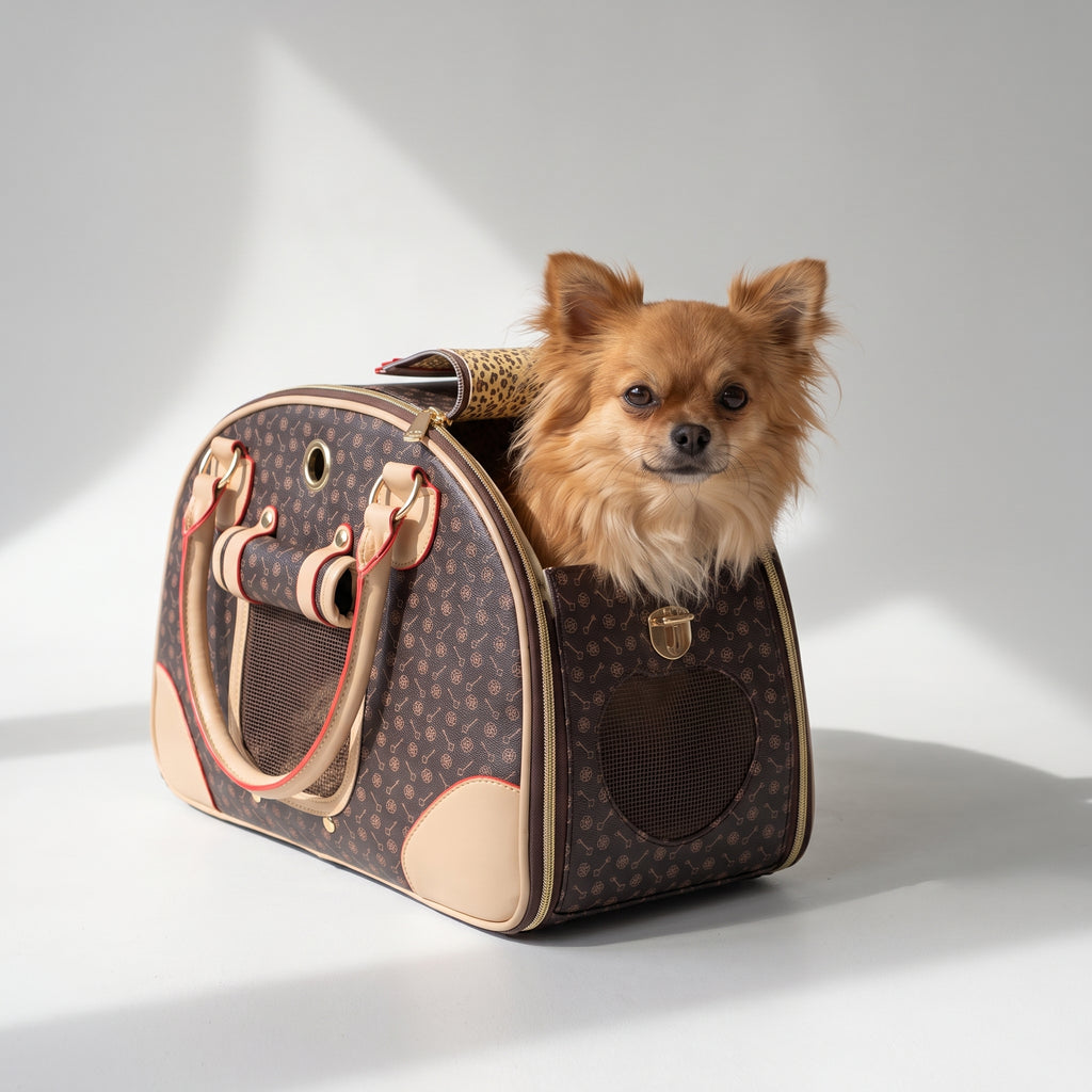 Small Dog Carrier Purse with a chihuahua, studio photo