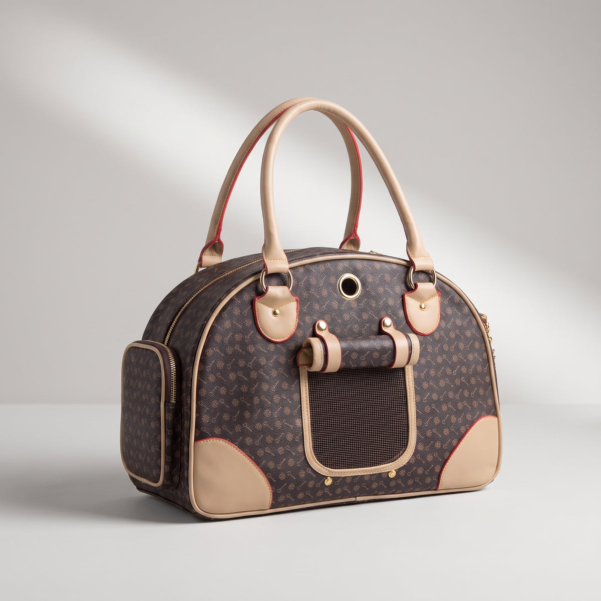 Small Dog Carrier Purse, studio photo on a light grey background