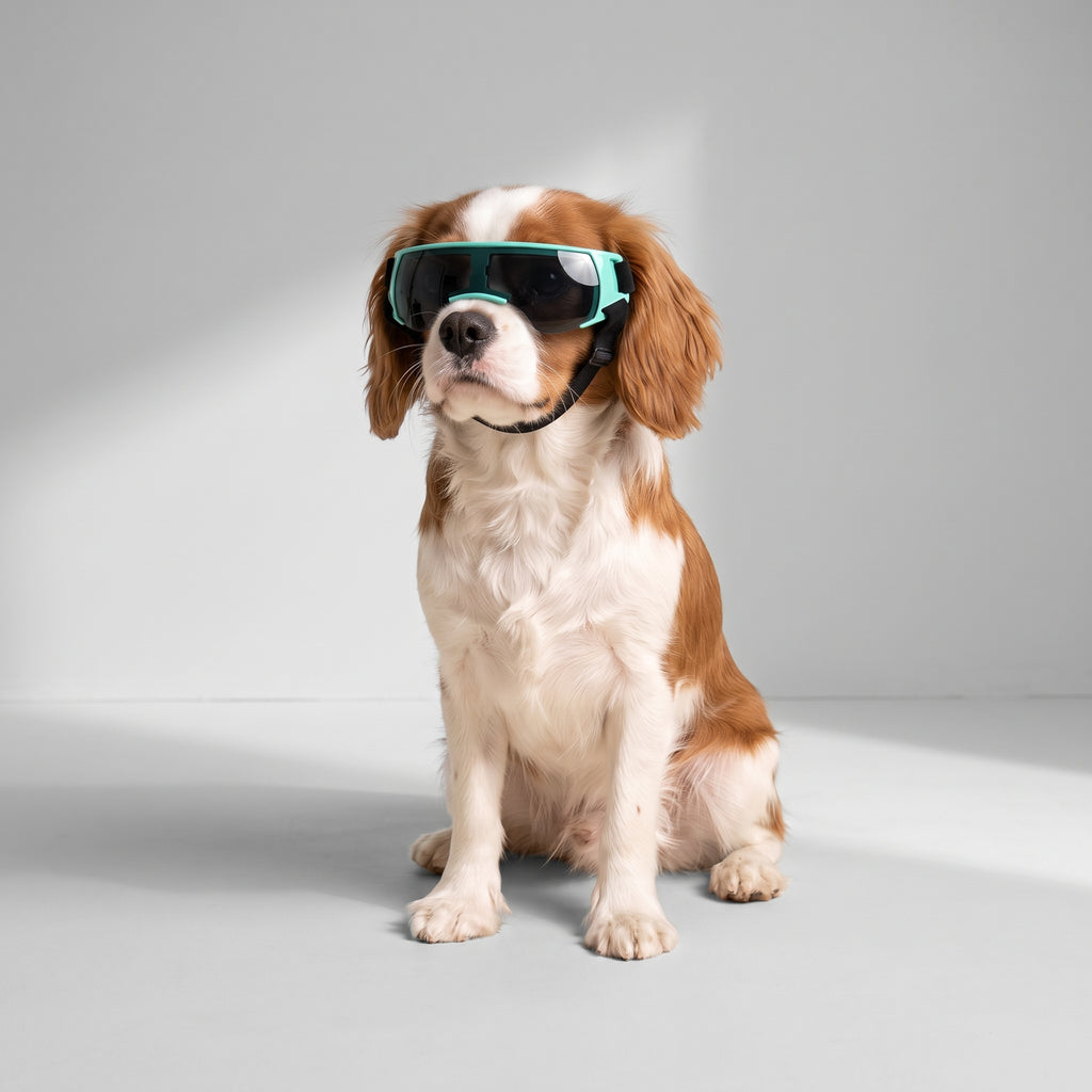Small Dog Goggles with a Cavalier King Charles, studio photo
