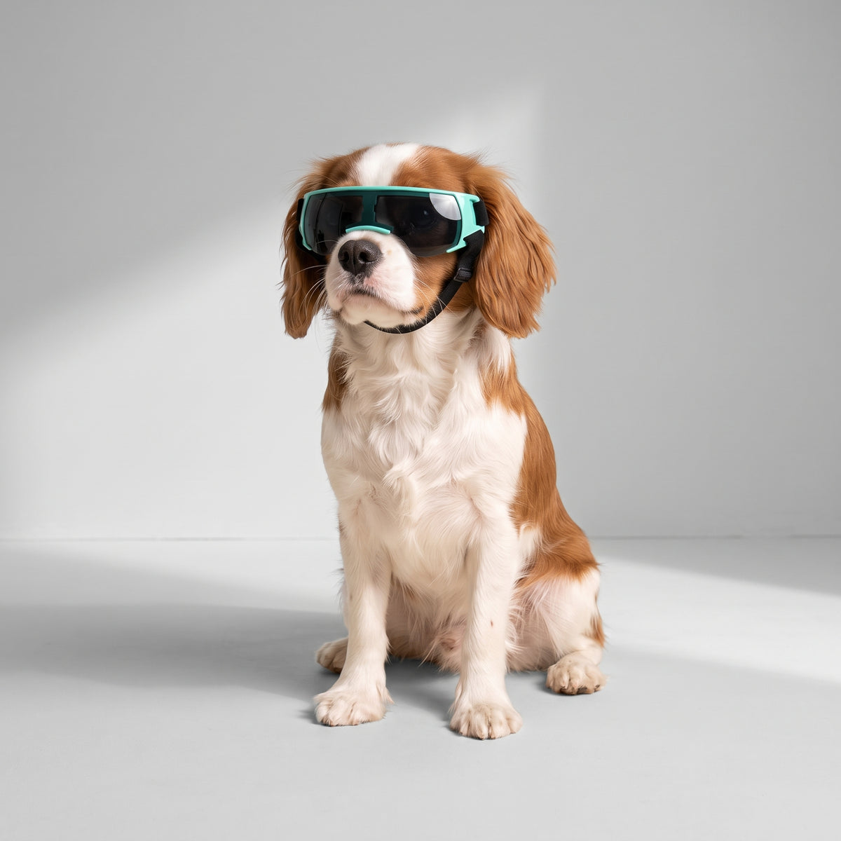 Small Dog Goggles with a Cavalier King Charles, studio photo