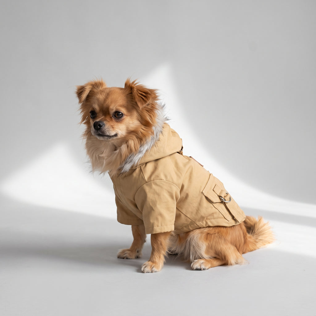 Small Dog Winter Coat with a chihuahua, studio photo