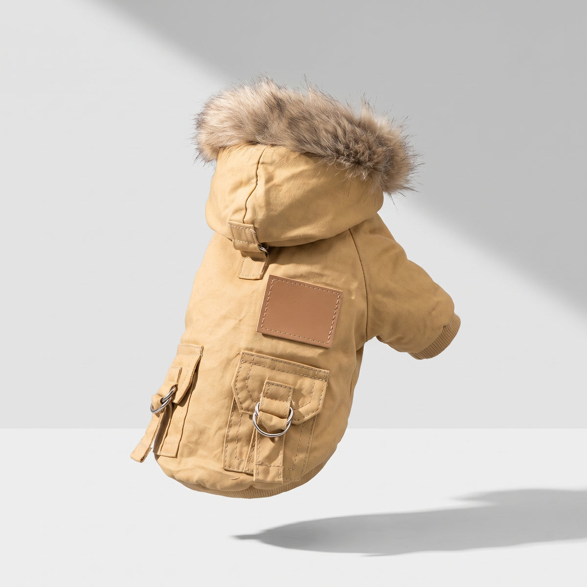 Small Dog Winter Coat, studio photo on a light grey background