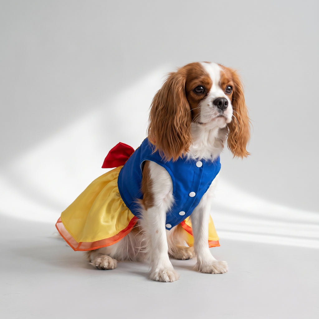 Snow White Dog Costume with a Cavalier King Charles, studio photo