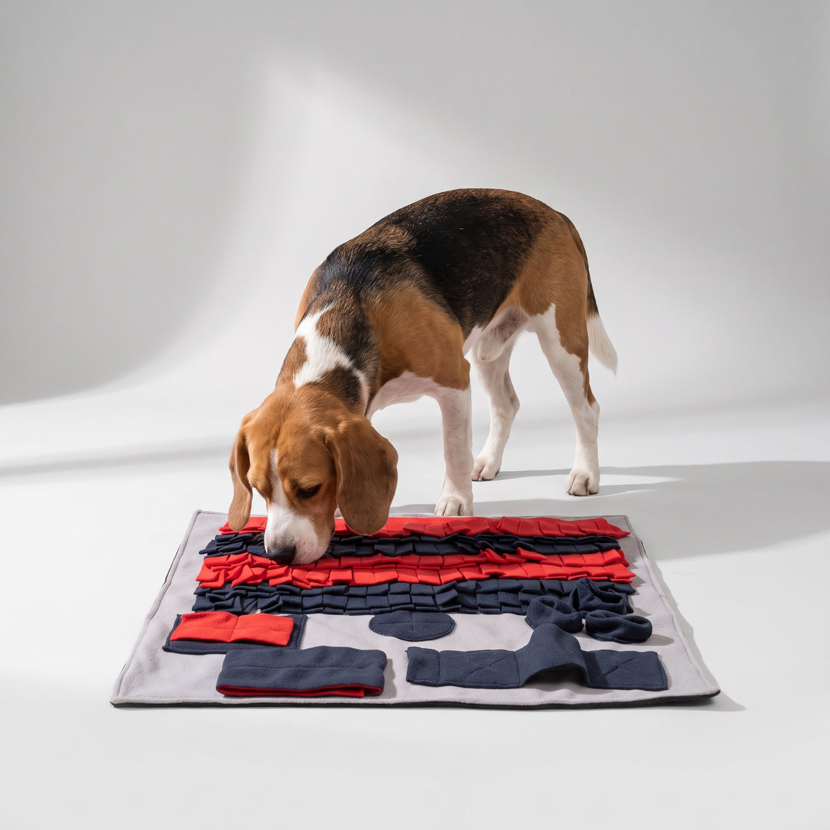 Red Snuffle Mat for Dogs Nose Work Toy with a beagle, studio photo