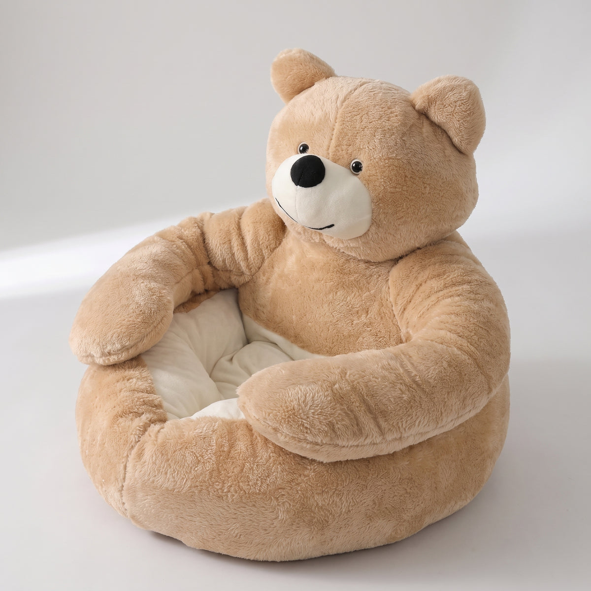 Soft Bear Plush Dog Bed, studio photo on a light grey background