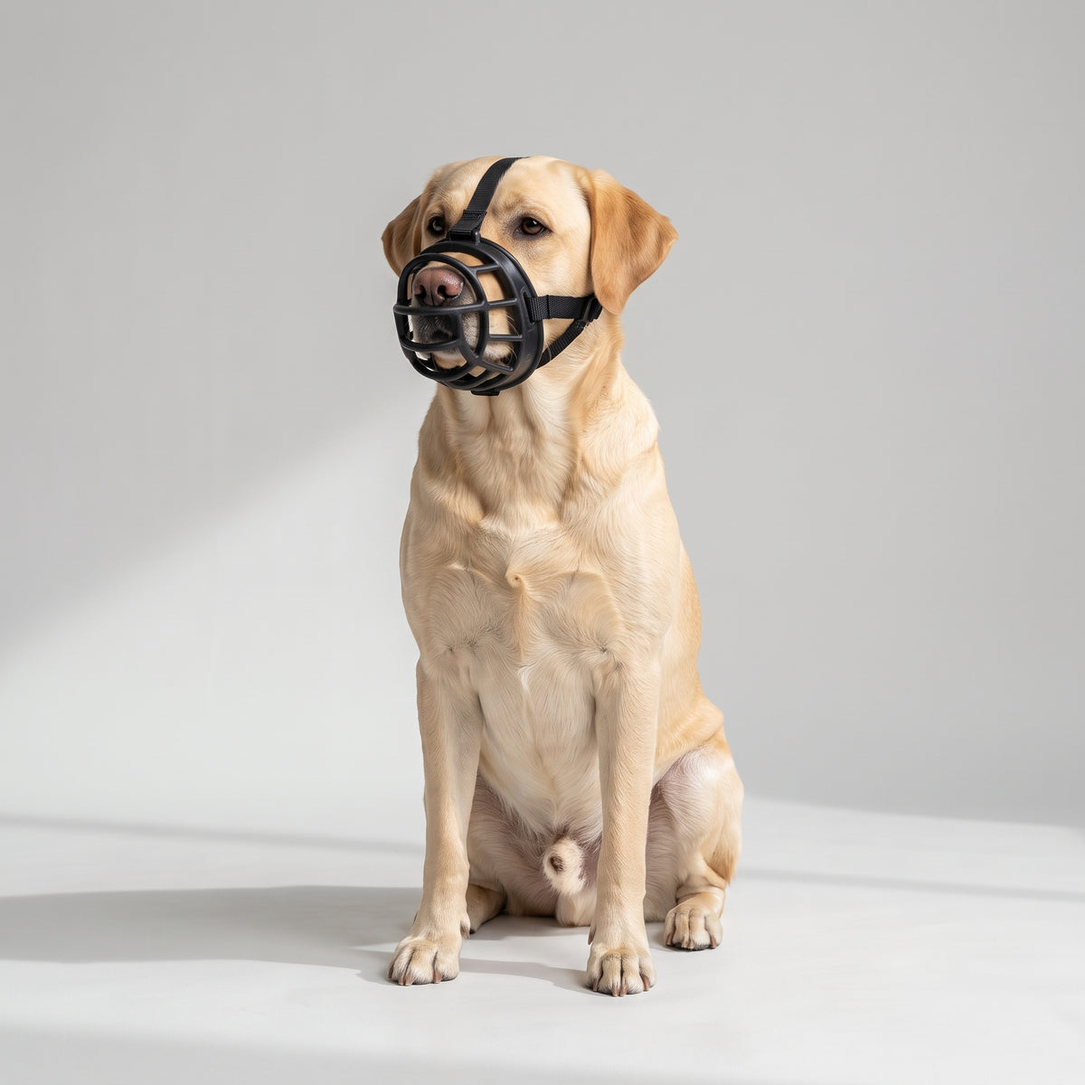 Soft Silicone Dog Muzzle with a Labrador, studio photo