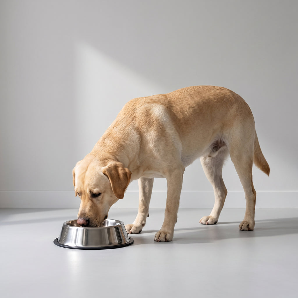 Stainless Steel Dog Bowls with a Labrador, studio photo