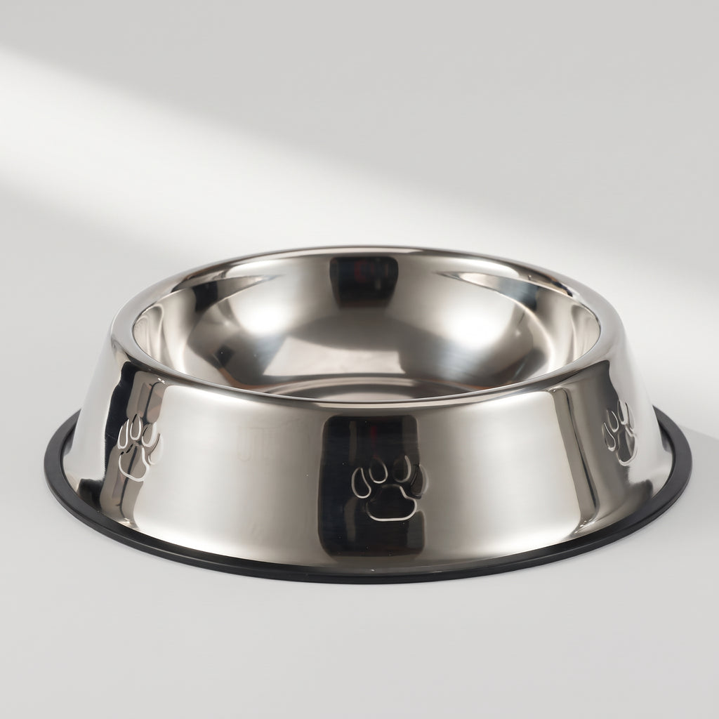 Stainless Steel Dog Bowls, studio photo on a light grey background