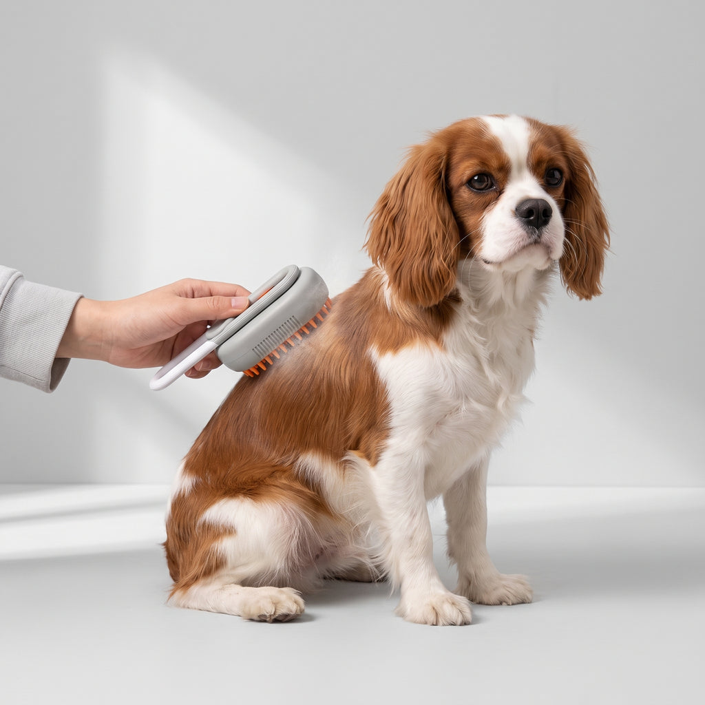 Steam Brush for Dogs, Spa Grooming with a Cavalier King Charles, studio photo