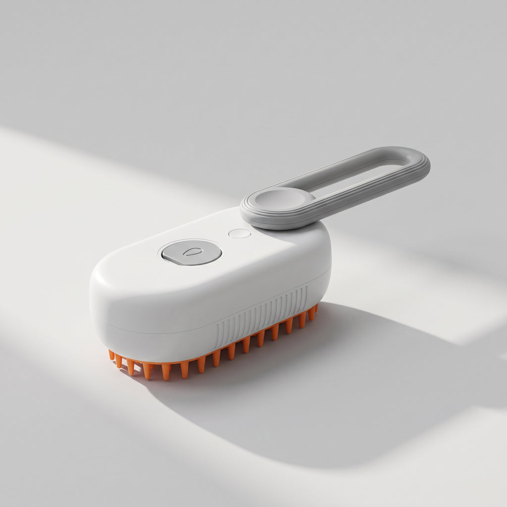 Steam Brush for Dogs, Spa Grooming, studio photo on a light grey background