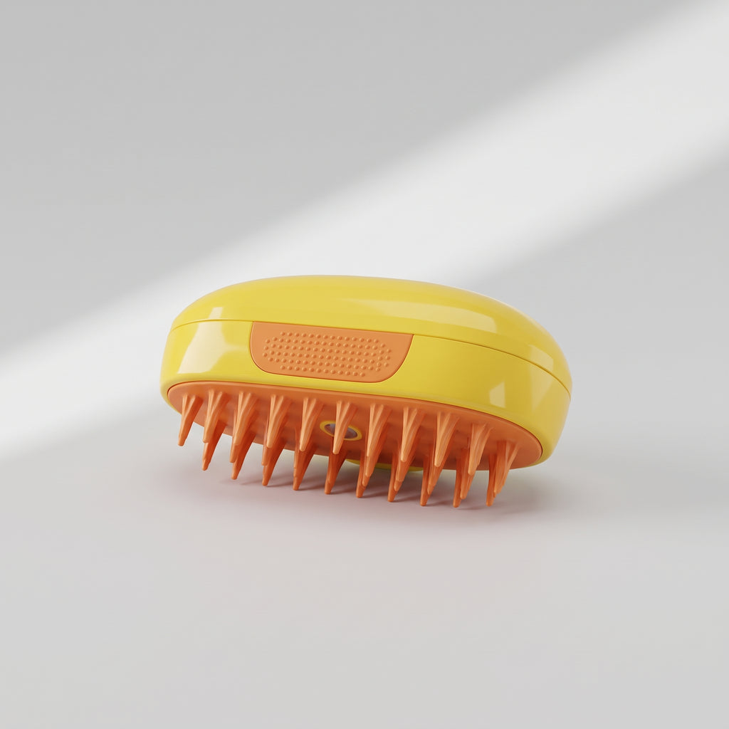Steamy Dog Brush for Shedding Fur, studio photo on a light grey background