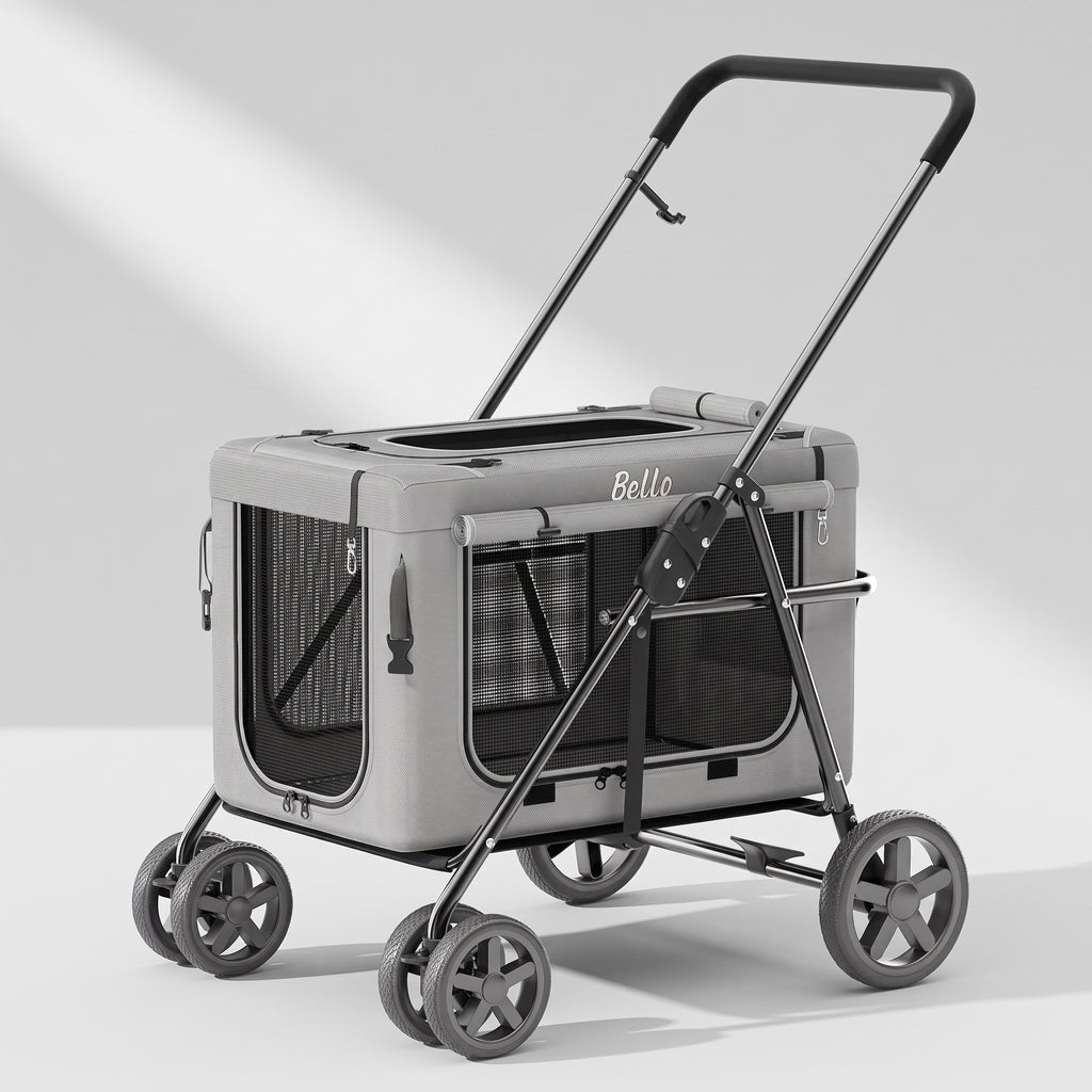 Dog Stroller for Walks and Travel, studio photo on a light grey background