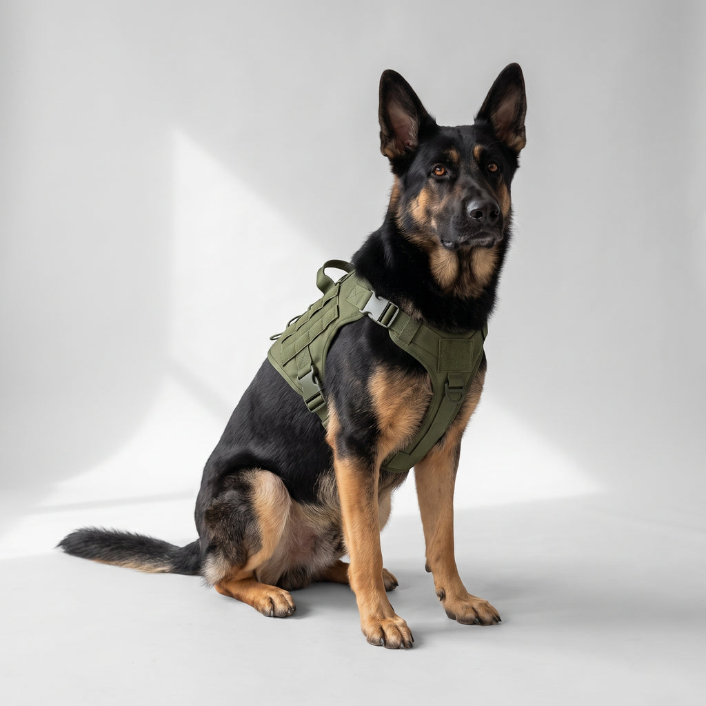 Tactical Dog Harness with a German Shepherd, studio photo