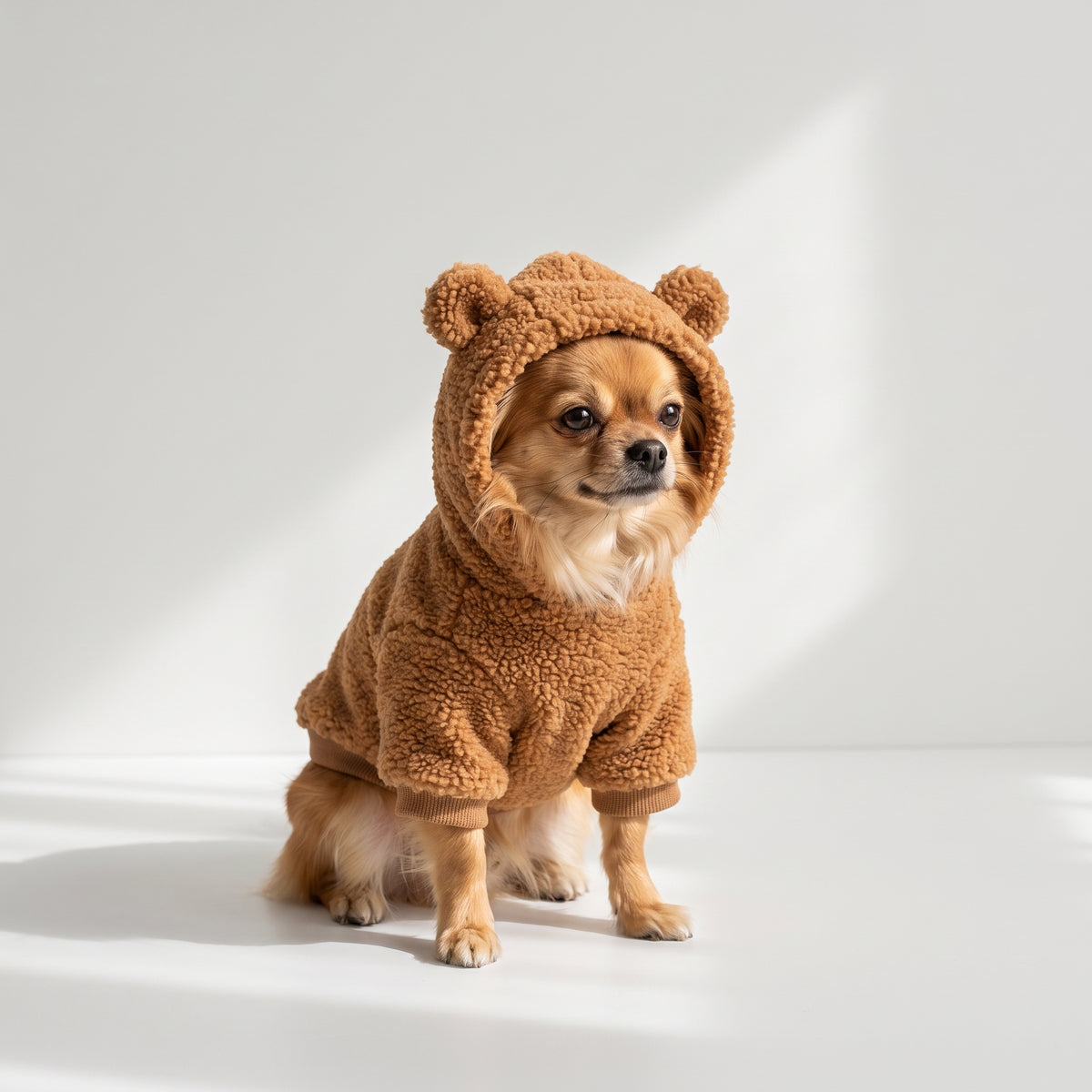 Teddy Bear Hoodie with a chihuahua, studio photo