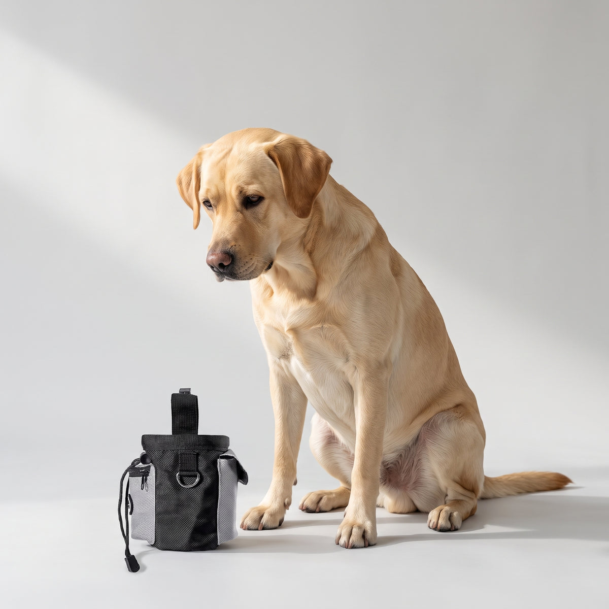 Black Treat Bag for Training Dogs, 20 cm with a Labrador, studio photo