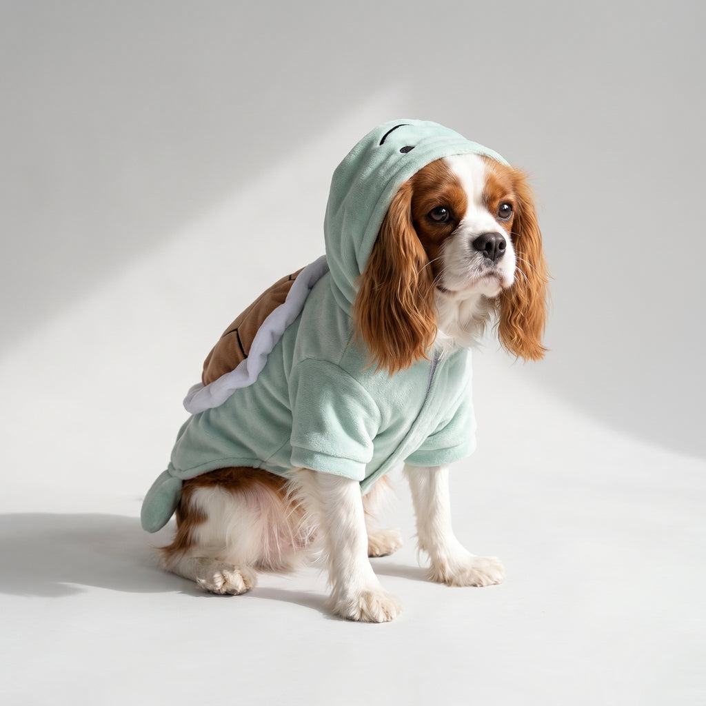 Turtle Clothes Dog with a Cavalier King Charles, studio photo