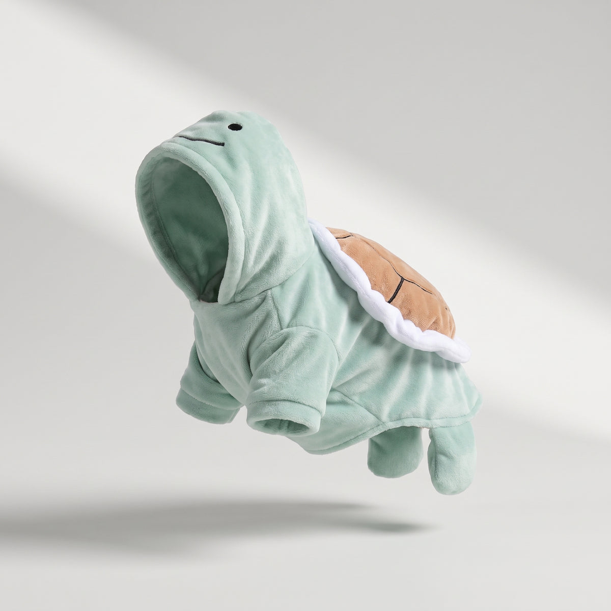 Turtle Clothes Dog, studio photo on a light grey background