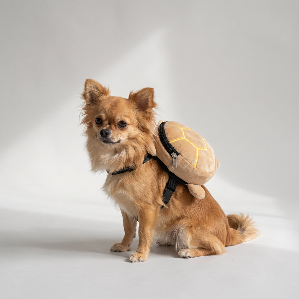 Turtle Dog Backpack with a chihuahua, studio photo
