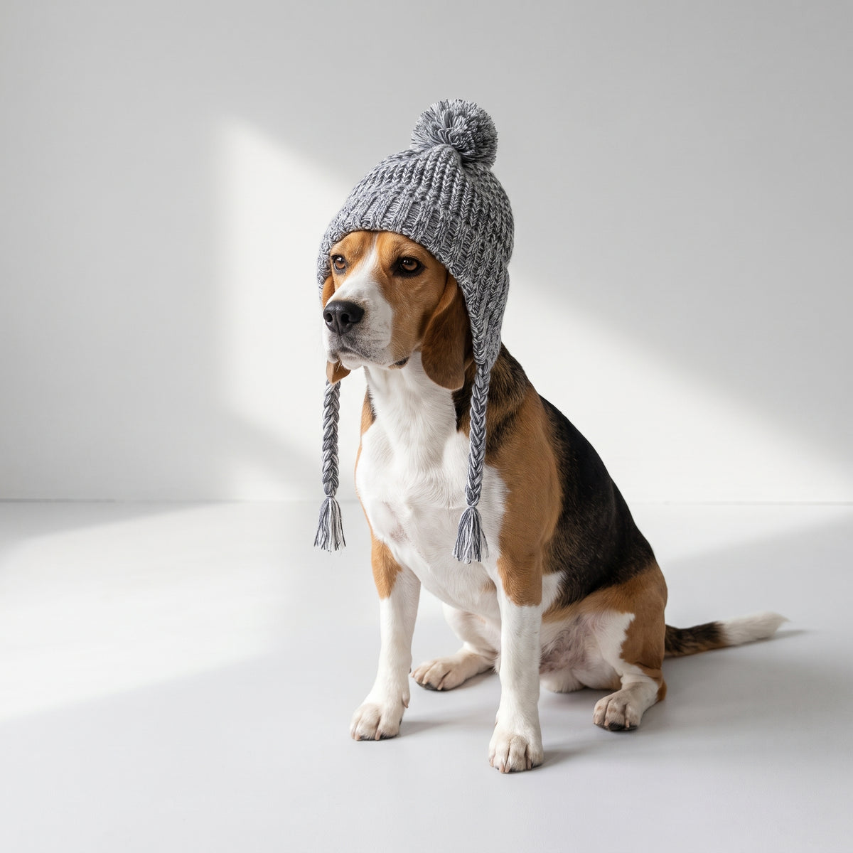 Warm Dog Beanie with a beagle, studio photo