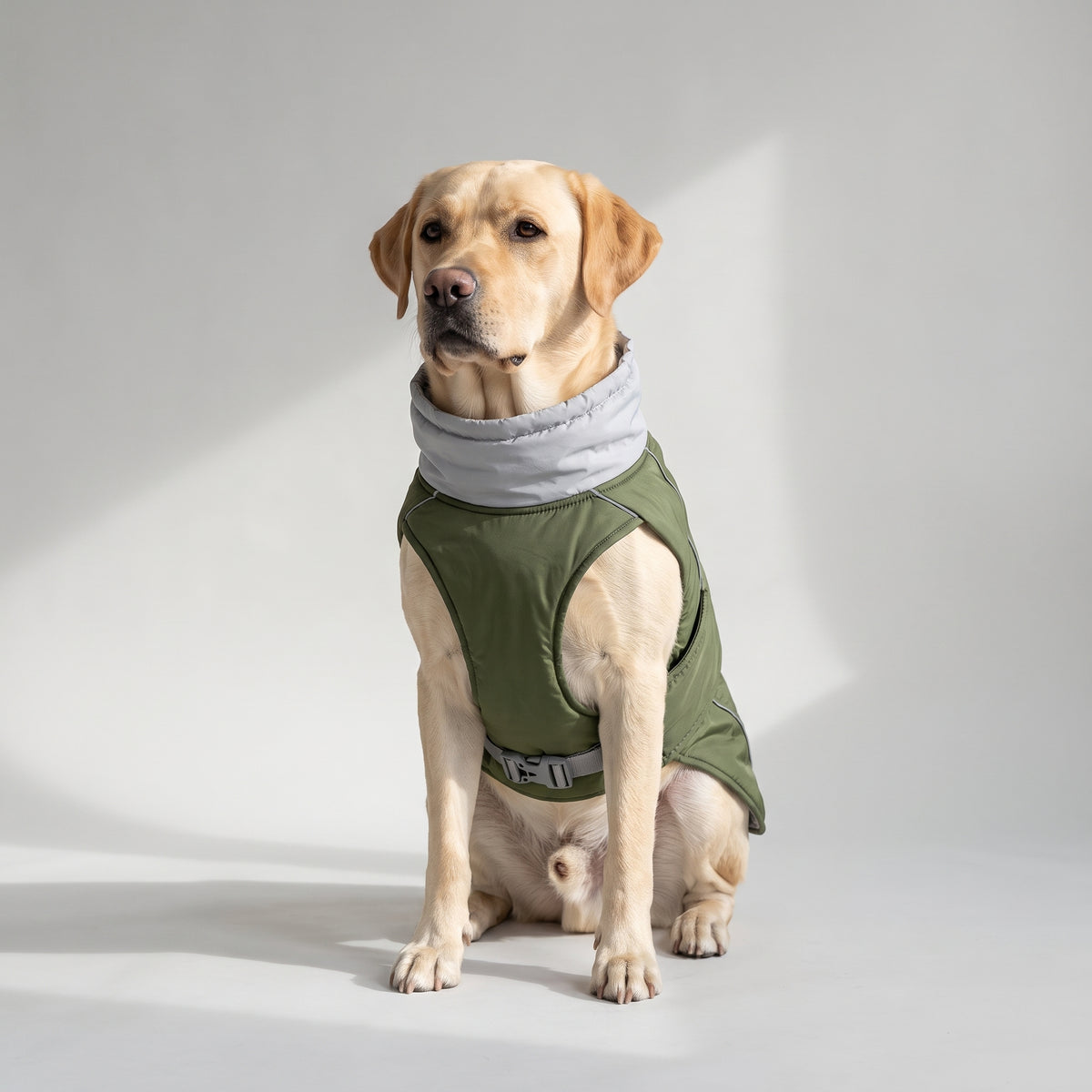 Waterproof Dog Jacket for Rain and Wind with a Labrador, studio photo