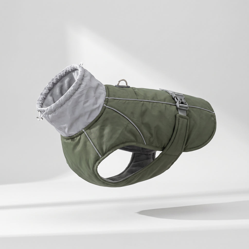 Waterproof Dog Jacket for Rain and Wind, studio photo on a light grey background