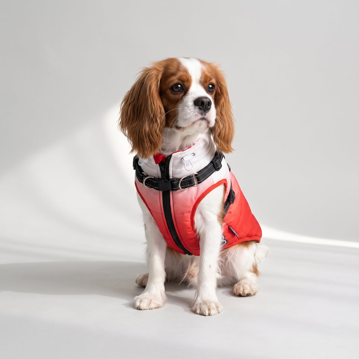Waterproof Dog Jacket With Harness with a Cavalier King Charles, studio photo