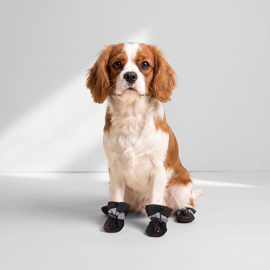 Waterproof Dog Shoes with Soft Corduroy with a Cavalier King Charles, studio photo
