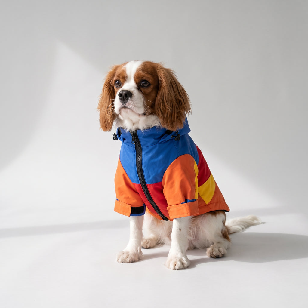 Windproof Dog Jacket with a Cavalier King Charles, studio photo