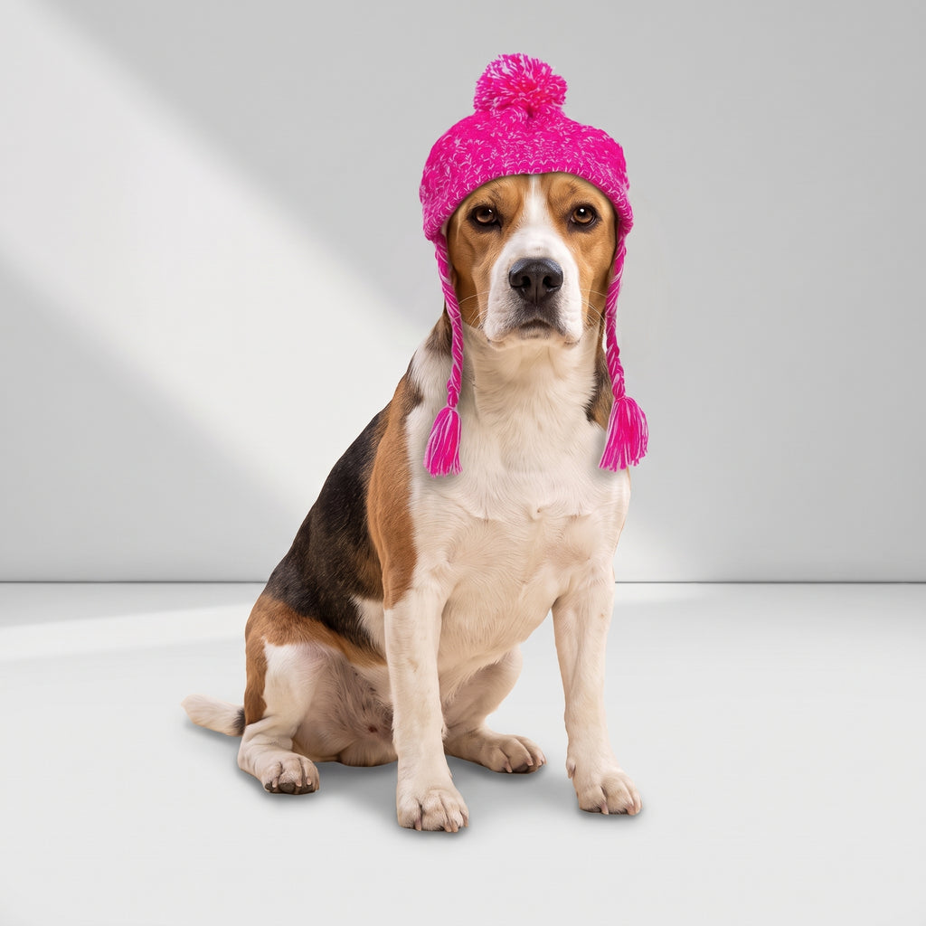 Winter Dog Knitted Beanie with a beagle, studio photo