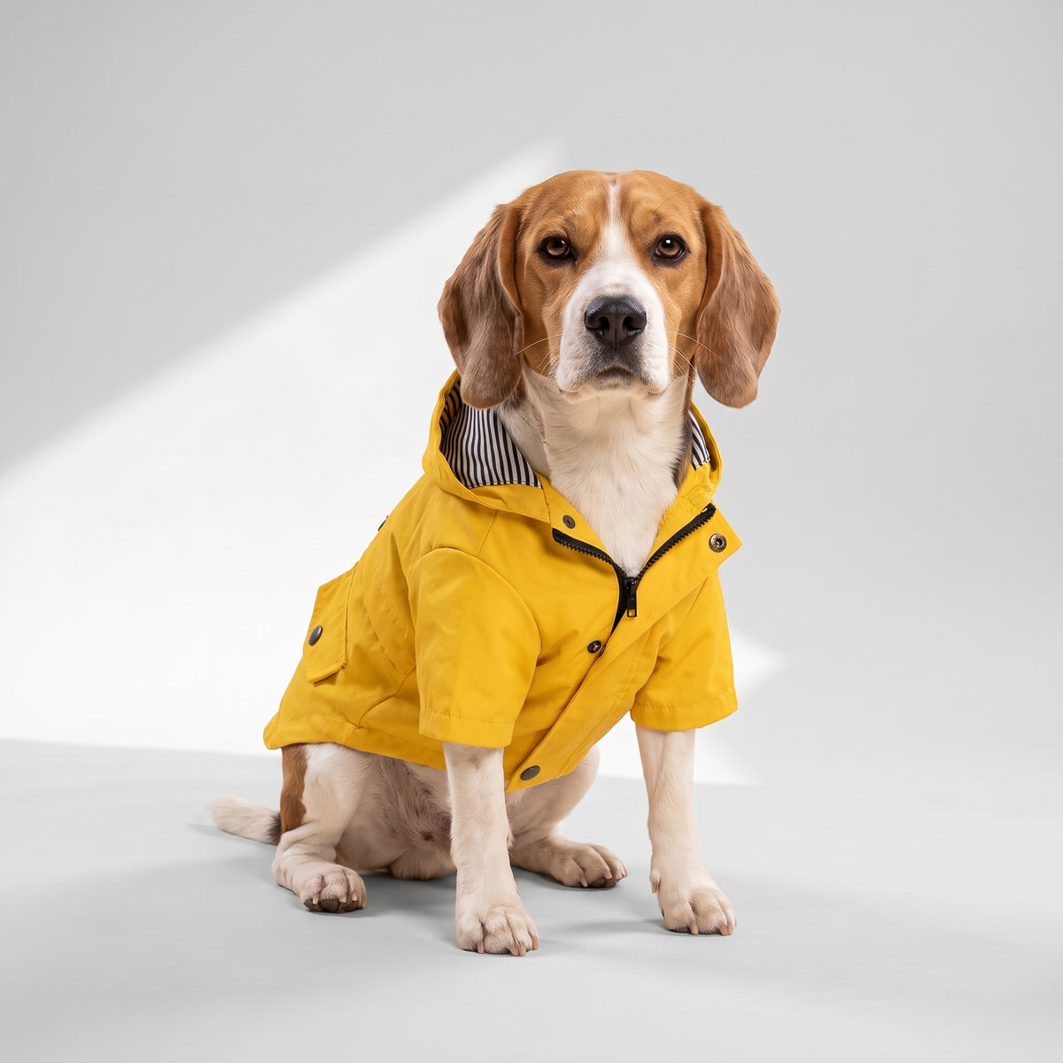 Winter Sailor Dog Coat with a beagle, studio photo