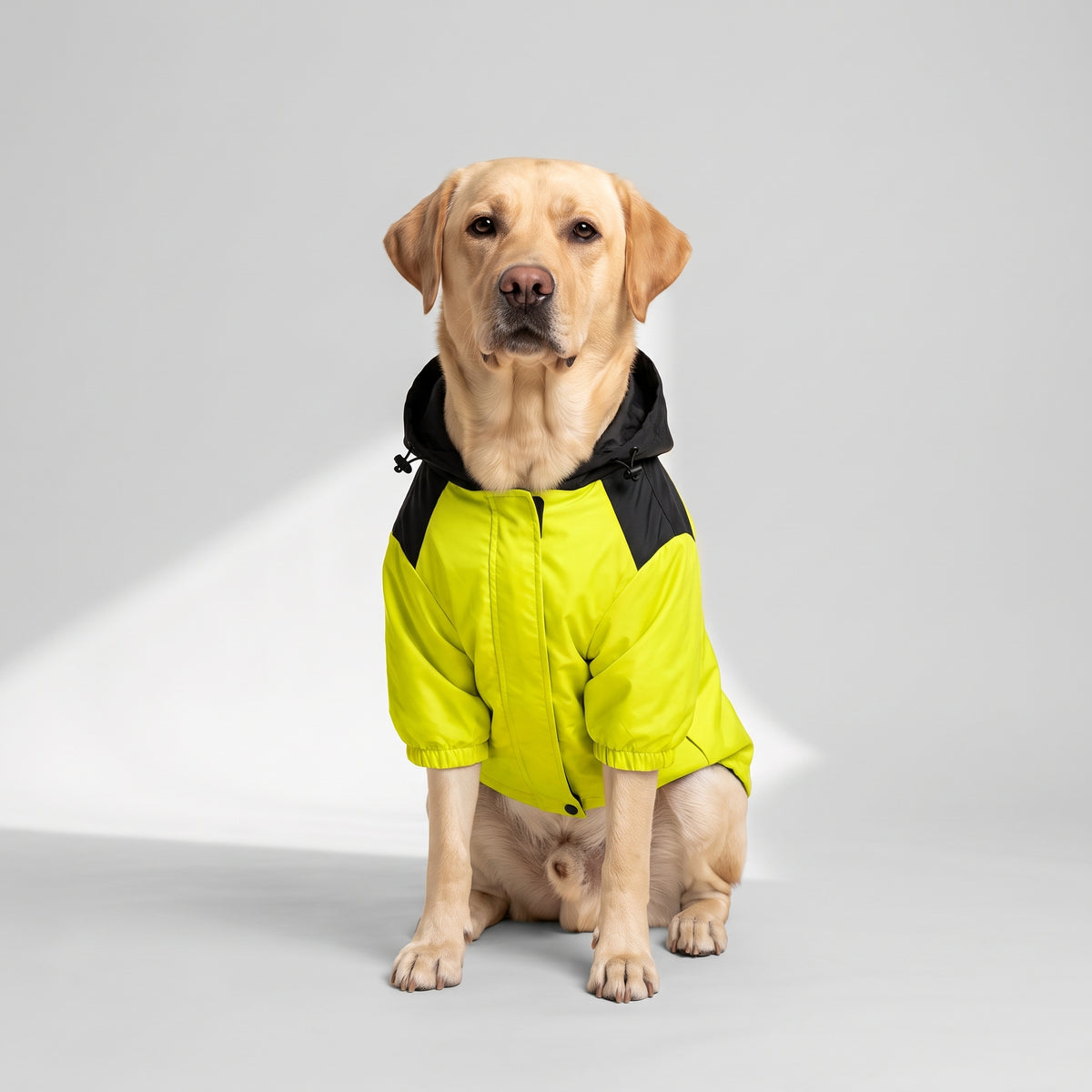 Yellow Dog Rain Coat with a Labrador, studio photo